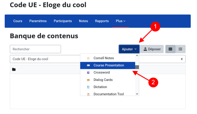 Capture d'écran pour le choix d'une activité à créer depuis la banque de contenus