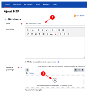 Capture d'écran du formulaire de paramétrage d'une activité H5P