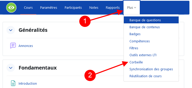 Illustration qui montre la suite de manipulations pour accéder à la corbeille : clic sur l'item Plus de la barre de menu, puis clic de l'item Corbeille dans le sous-menu qui se déroule.