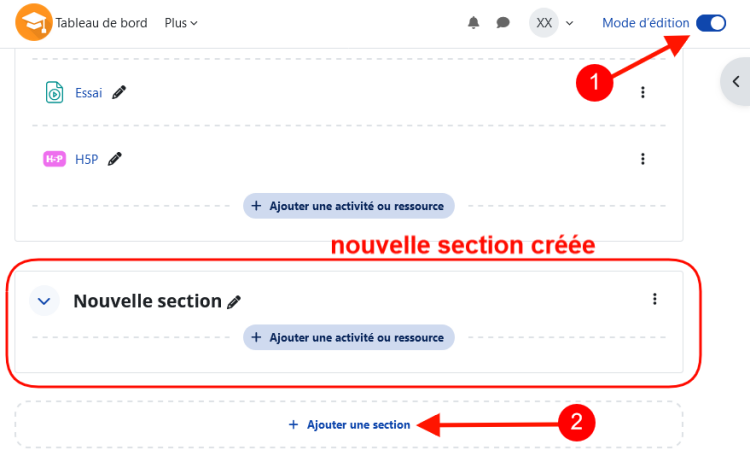 Illustration qui présente les deux étapes pour ajouter une ou plusieurs sections : activer le mode édition ; « Ajouter une section » en bas de page.