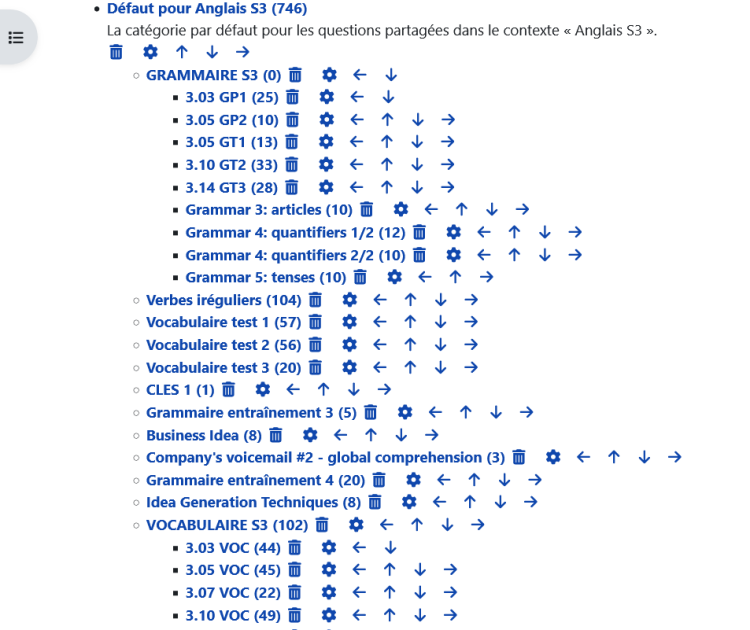 Vue d'une banque de questions organisée en catégories et sous-catégories.