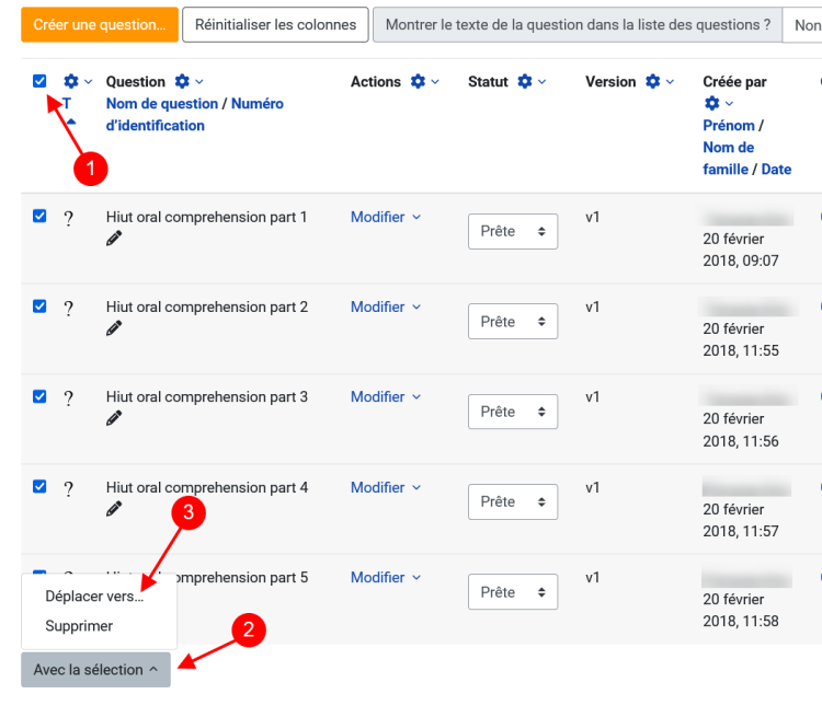 Manipulations pour déplacer les questions d'une catégorie à l'autre (début).