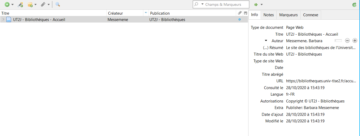 Capture d'écran de la 2e et 3e colonne de Zotero, pour indiquer la manière dont est affichée un site web