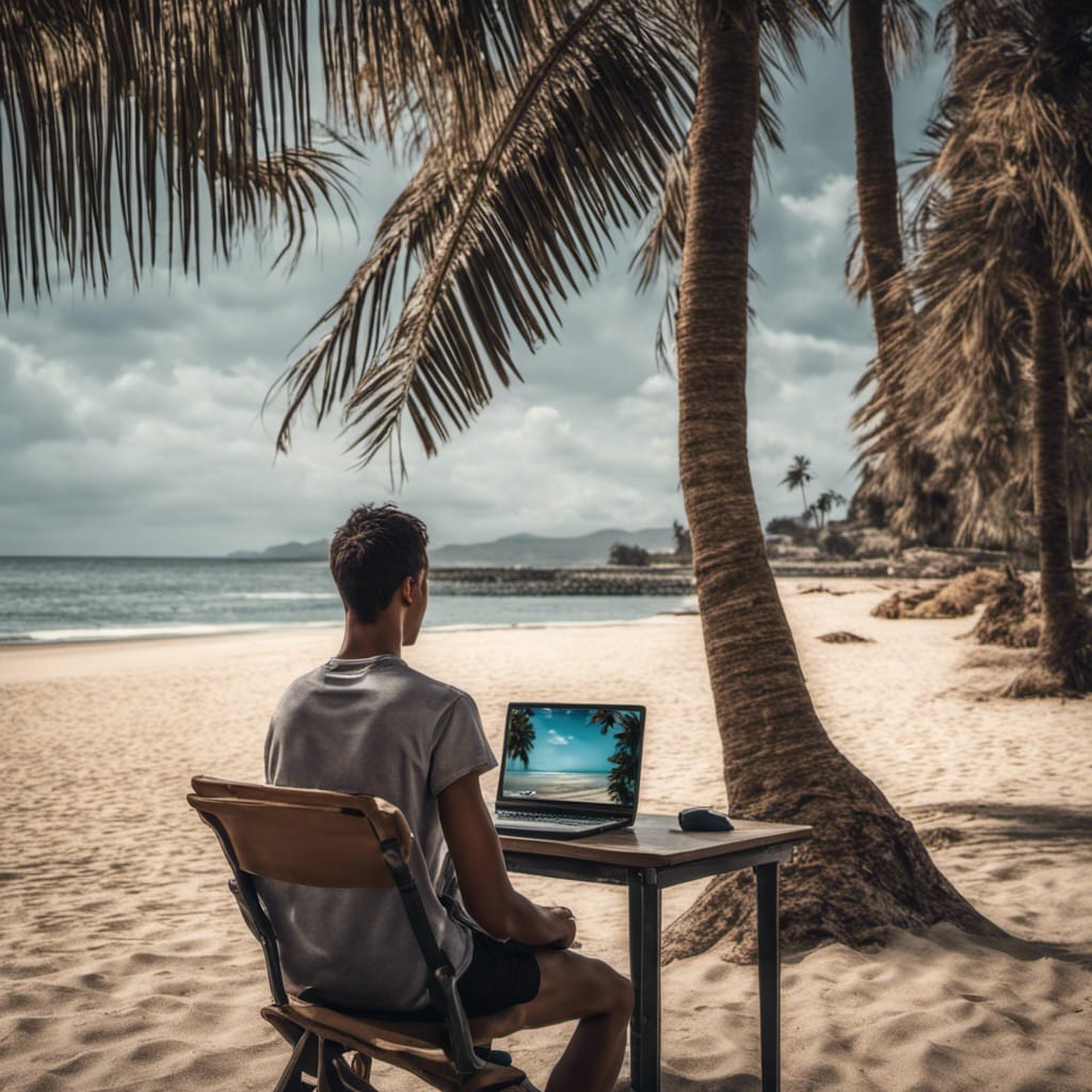 Un étudiant devant son ordinateur avec, en fond, une plage avec des palmiers